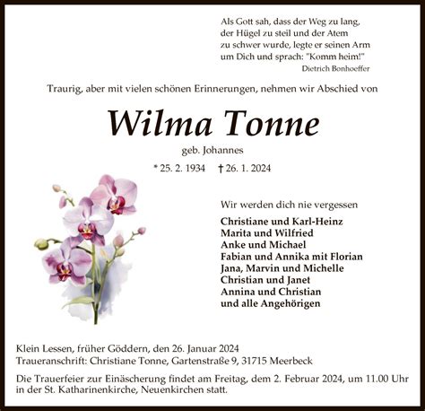 Traueranzeigen Von Wilma Tonne Trauer Kreiszeitung De