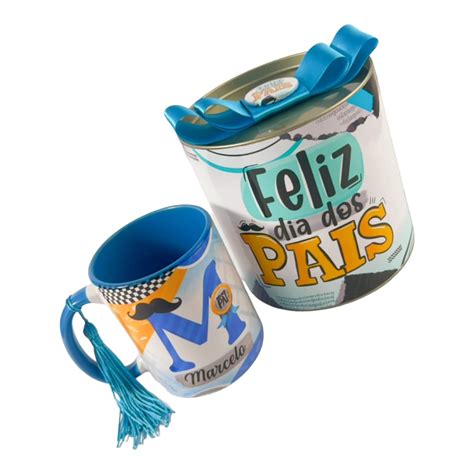 Caneca Alça e interno azul Alfabeto Dia dos Pais nome loja