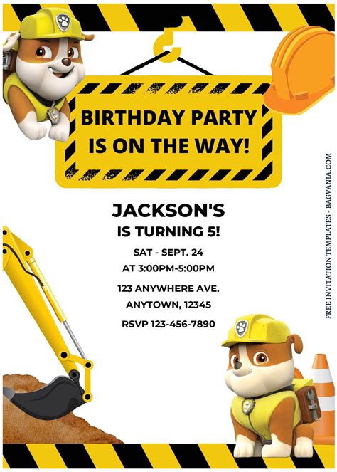 (Free Editable PDF) Rubble PAW Patrol Construction Birthday Invitation ...