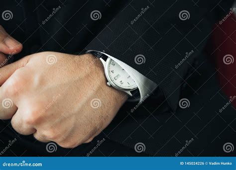 A Closeup of a Watch with Leather Bracelet on Man`s Hand Stock Photo ...