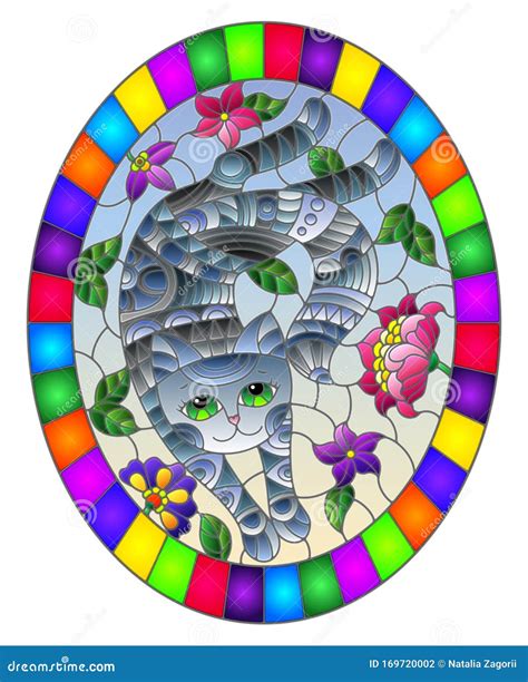 Stained Glass Illustration With A Cute Grey Cat On A Background Of Meadows And Bright Flowers