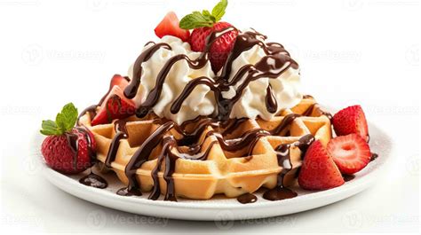 Chocolate strawberries over waffles and chocolate sauce, in the style ...