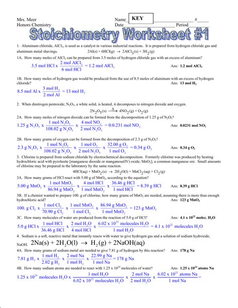 Stoichiometry Part 1 Worksheet Answers