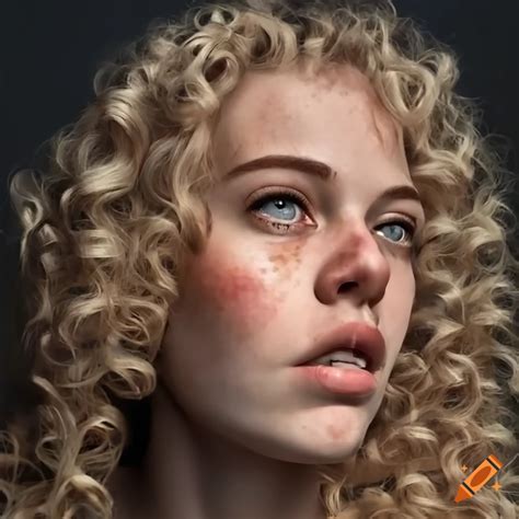 White Woman With Strong Cheekbones Dirty Blonde Curly Hair Lots Of Freckles Hazel Eyes And