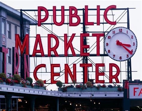 Pike Place Market Sign Public Market Center With Clock Seattle