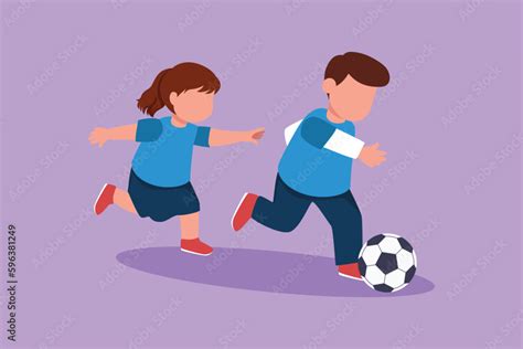 Graphic flat design drawing cute little boy and girl playing football ...