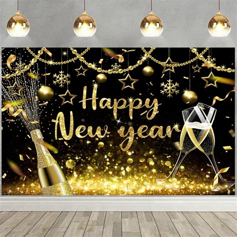 Amazon 2023 Happy New Year Backdrop Black Gold Shining Champagne