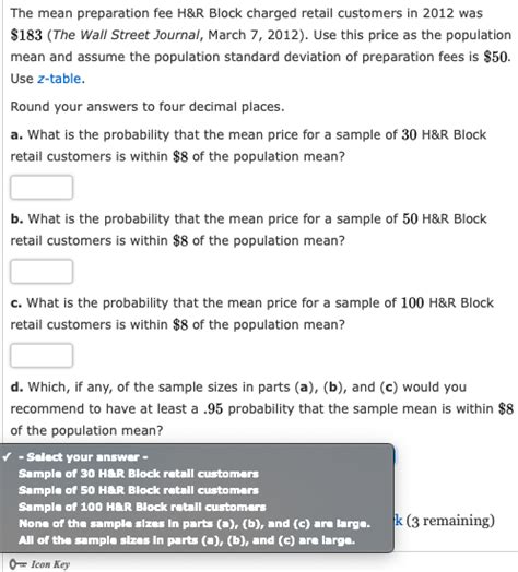 Solved The mean preparation fee H&R Block charged retail | Chegg.com