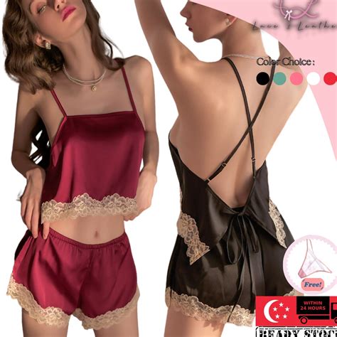 L L Lingerie Women Sexy Pajamas Shorts And Chemise Top Set In Black Pink White Or Red