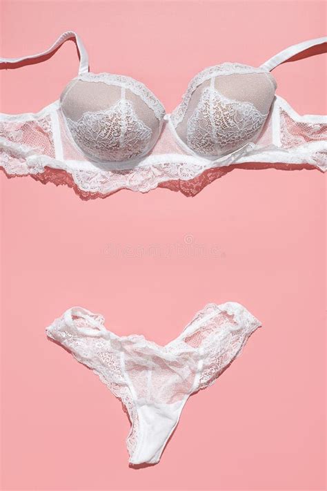 White Lace Bra And Panties On Pink Background Stylish Lingerie Flat Lay Stock Photo Image Of