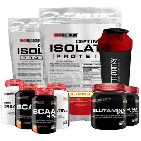 Kit 2x Optimum Isolate 2kg 2x Bcaa 100g 2x Creatina 100g 2x Glutamina 300g Coqueteleira