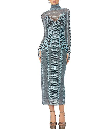 Afrm Shailene Printed Mesh Turtleneck Long Sleeve Midi Dress Dillards