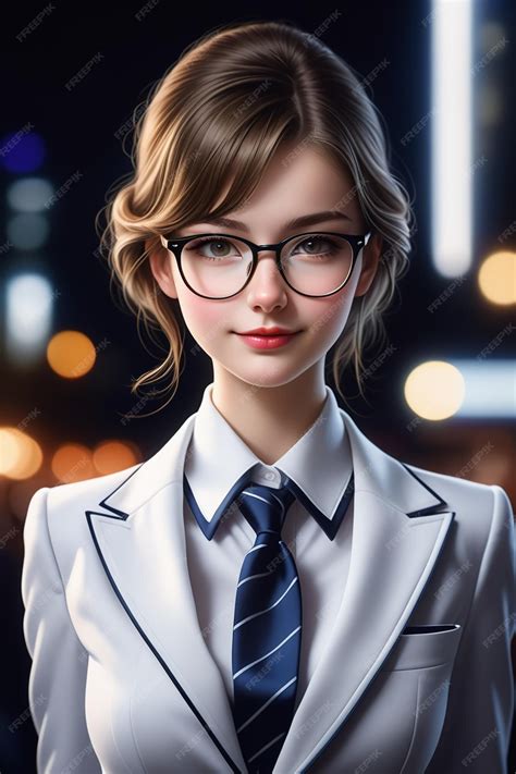 Premium Photo A Young European Pretty Girl In Suit And Glasses On A Night Background In