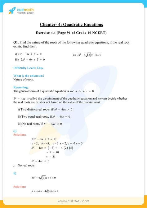 Ncert Solutions Class 10 Maths Chapter 4 Quadratic Equations Access Pdf