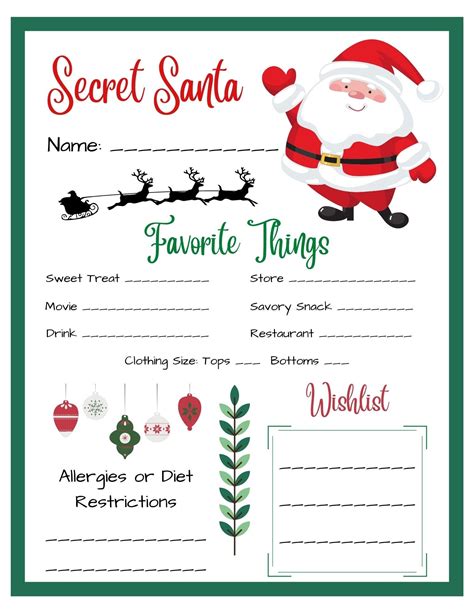 Printable Secret Santa Worksheet Etsy Finland