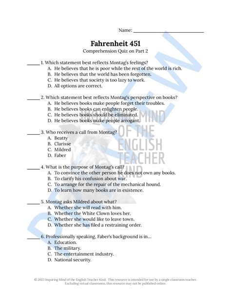 Fahrenheit 451 by Ray Bradbury Quiz and Answer Key (Part 2) - Classful