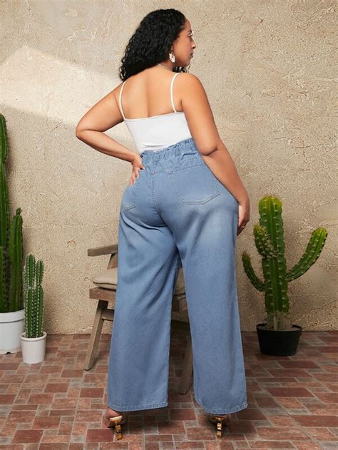 Shein Curve Plus Paperbag Waist Wide Leg Jeans Shein Usa