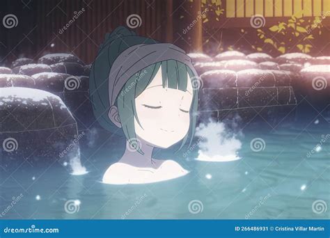 Young Woman Relaxing In Hot Spring Onsen Anime Style Made With