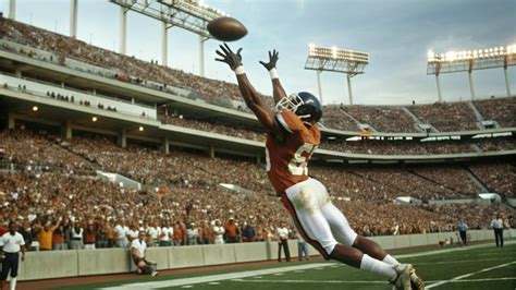 American Football Player Catching A Touchdown Pass In A Large Stadium View From Below Premium