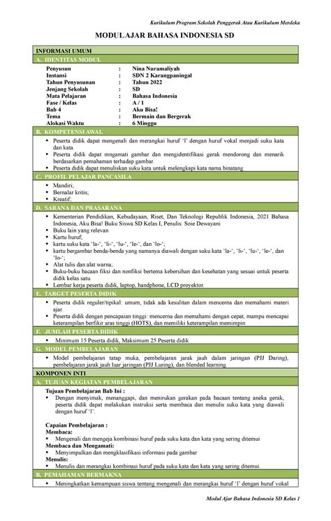 MA B Indonesia K1 BAB 4 Datadikdasmen MODUL AJAR BAHASA INDONESIA SD