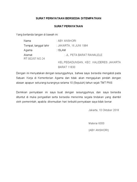 Surat Pernyataan Bersedia Ditempatkan Pdf