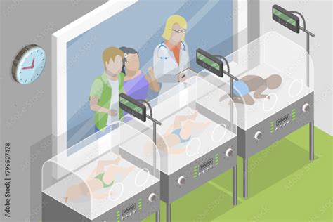 D Isometric Flat Vector Illustration Of Preterm Baby Incubators