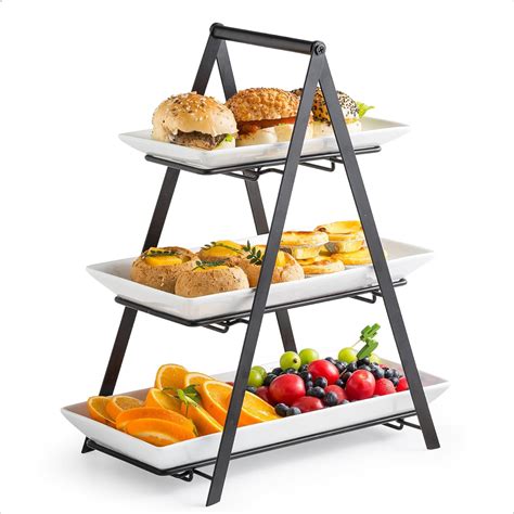 3 Tier Serving Tray Stand With Ceramic Platters And Metal Rack 10 12 14 Inch Large Trays For