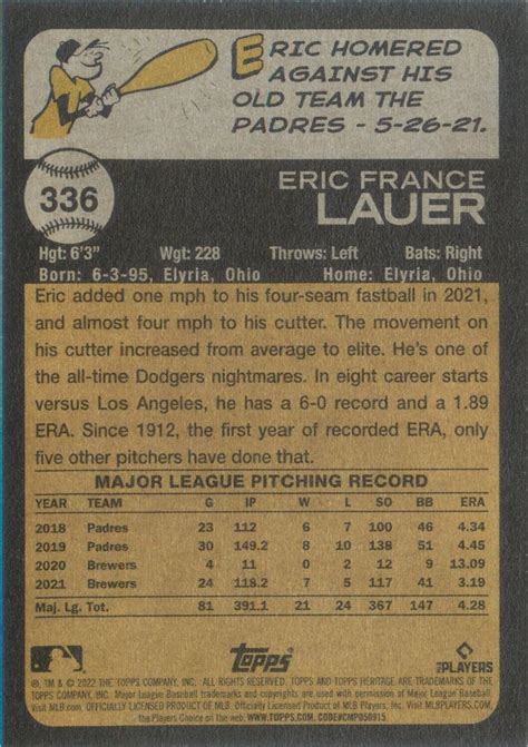 Eric Lauer 2022 Topps Heritage Baseball Card 336 Milwaukee Brewers Mlb