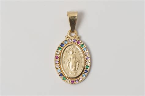 Medaglietta Madonna Miracolosa Argento Dorato E Zirconi Multicolore