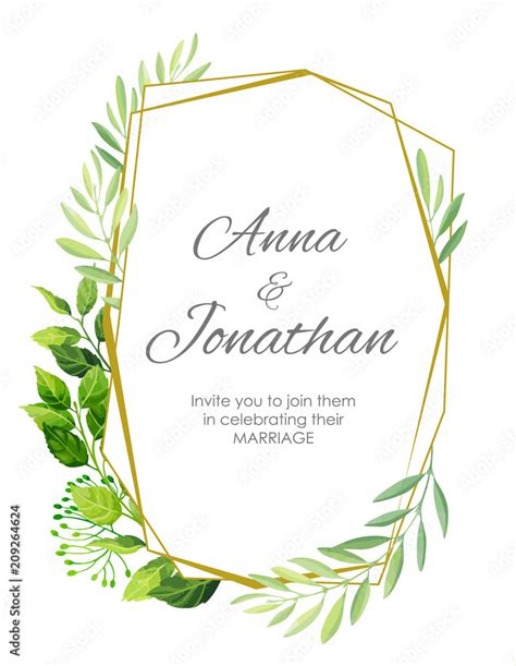 Wedding invitation with green leaves border and geometric pattern ...