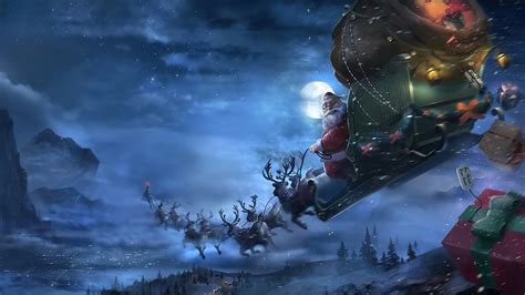 Christmas 4k Sleigh Santa Deer Moon Hd Wallpaper Rare Gallery