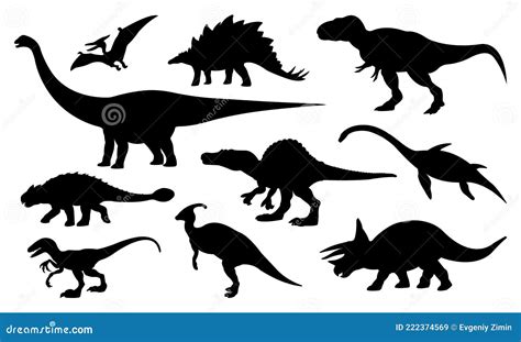 Collection Of Dinosaurs Silhouettes Isolated On White Background Stock