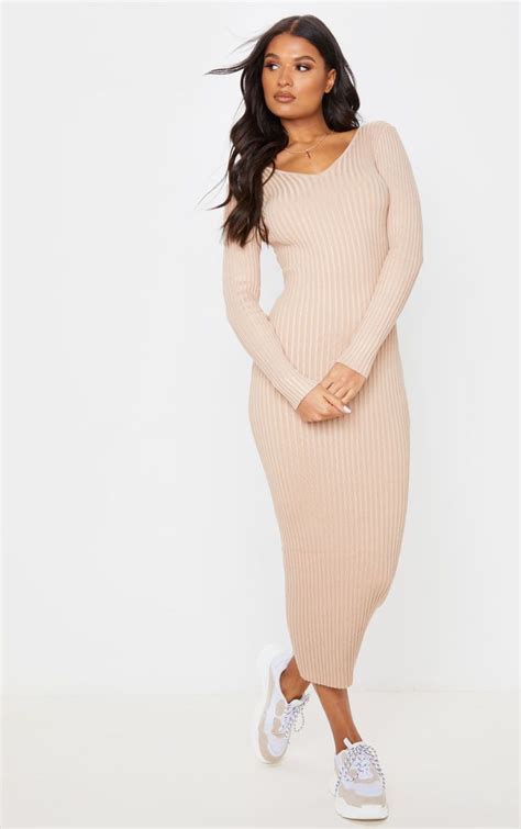 Stone Off Shoulder Rib Knitted Midaxi Dress Maxi Knit Dress Ribbed