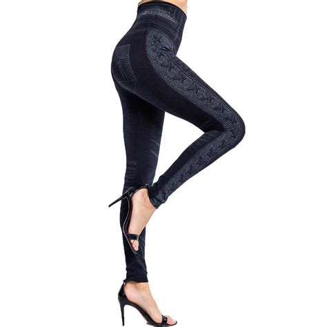 Cheap 2021 Women Fashion Seamless Imitation Denim Print Leggings Lace