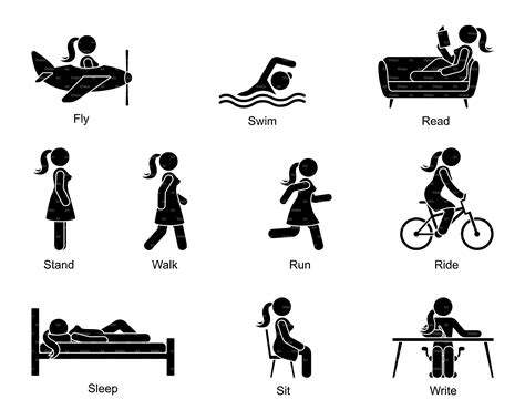 Active Verbs Stick Figure Woman Girl People Flying Swimming Reading