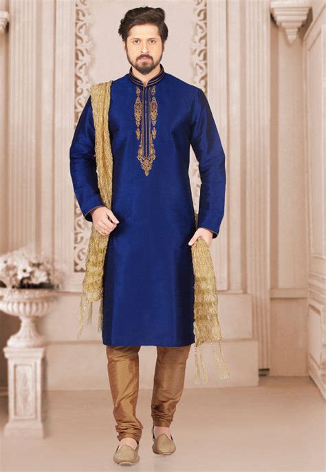 Buy Embroidered Art Silk Kurta Set In Royal Blue Online Mgv