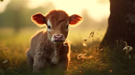 Premium AI Image | a brown and white baby cow on a farm