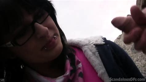 Nerd Brunette Blowjob And Cumming Beside Beach