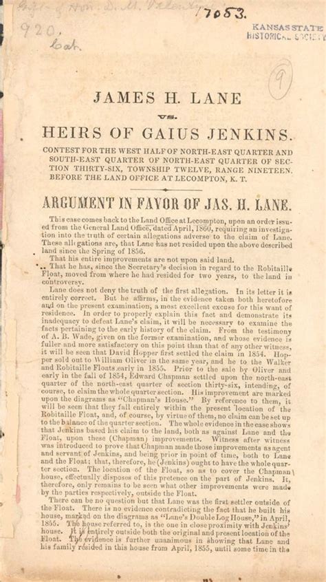 James Henry Lane Vs Heirs Of Gauis Jenkins Kansas Memory Kansas