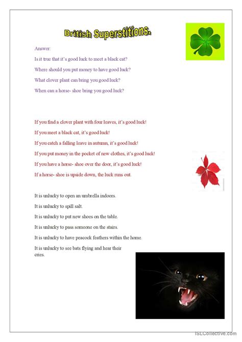 British Superstitions English Esl Worksheets Pdf Doc