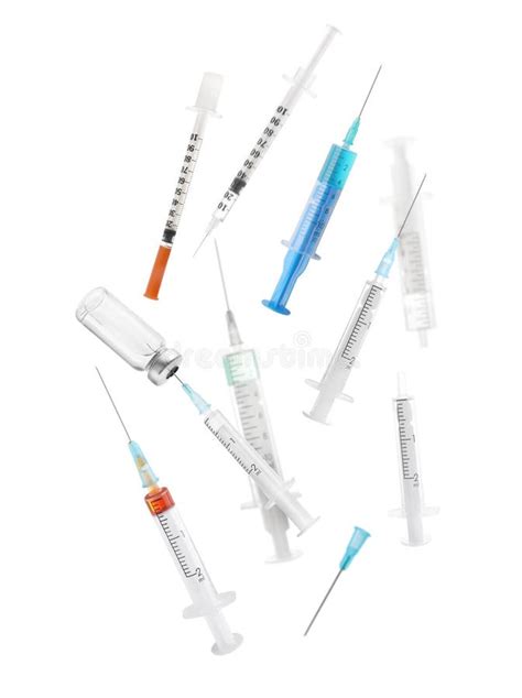 Different Disposable Syringes On White Background Collage Medical