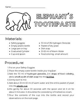 Elephant Toothpaste Chemical Reaction Packet with Directions and Quick ... 