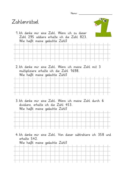 Zahlenrätsel 1 Klasse 4 einfach mit Lösungen Unterrichtsmaterial im