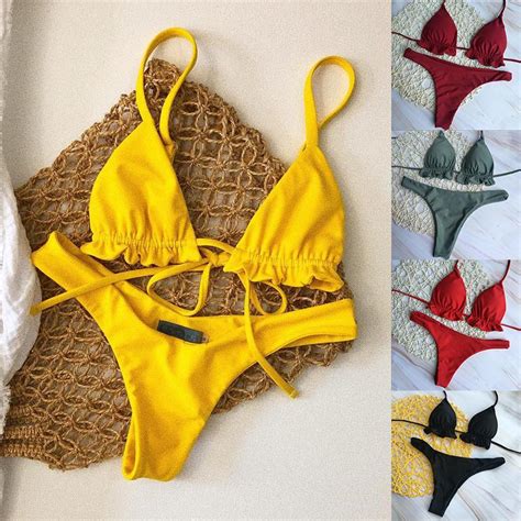 Buy 2 Pcs Set Women Fashion Sexy Solid Color Swimsuit Bikini Set At