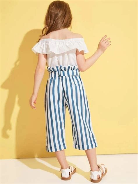 Toddler Girls Solid Ruffle Trim Off Shoulder Top And Striped Belted