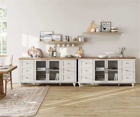 WAMPAT 2 In 1 Sideboard Buffet Cabinets With Glass Door Kitchen