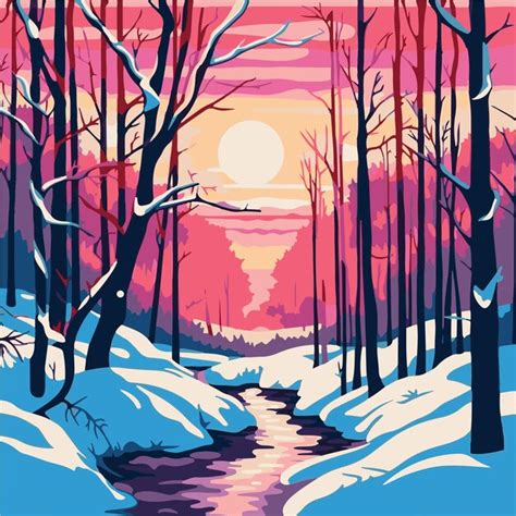 Uma ilustração colorida de uma paisagem de neve um rio em primeiro