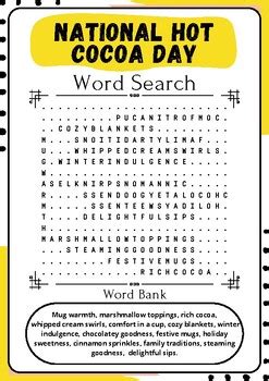 National Hot Cocoa Day Word Search Puzzle Challenge Printable Activity Sheet