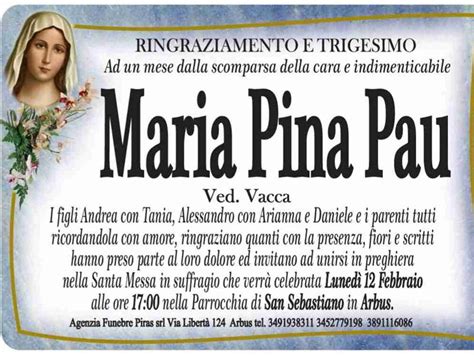 Funerali E Annunci Funebri A Arbus Pau Maria Pina Funer24