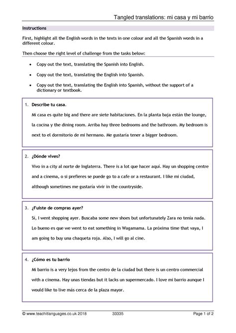 Spanish Level Worksheets Db Excel